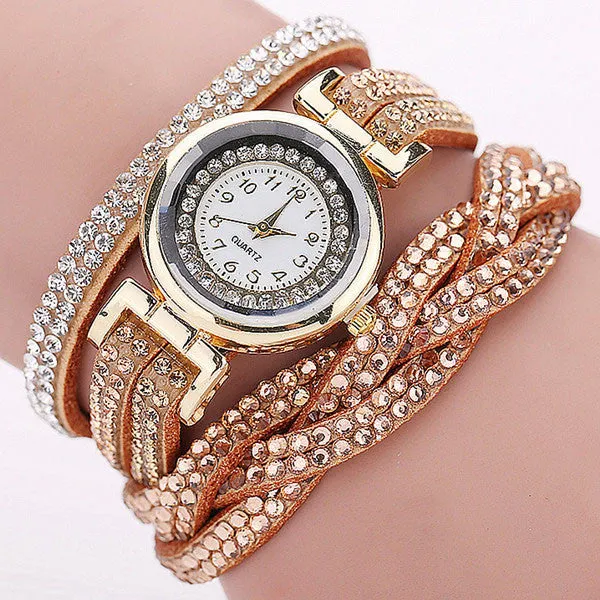 Rhinestone Braided Leather Bracelet Watch