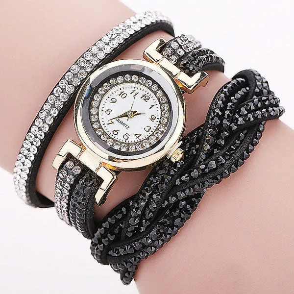 Rhinestone Braided Leather Bracelet Watch