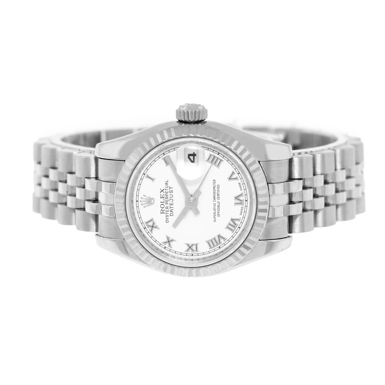 Rolex Datejust 26mm White Gold Steel White Roman Dial Fluted Bezel 179174