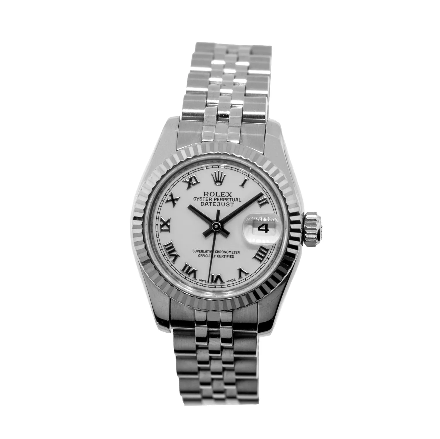 Rolex Datejust 26mm White Gold Steel White Roman Dial Fluted Bezel 179174