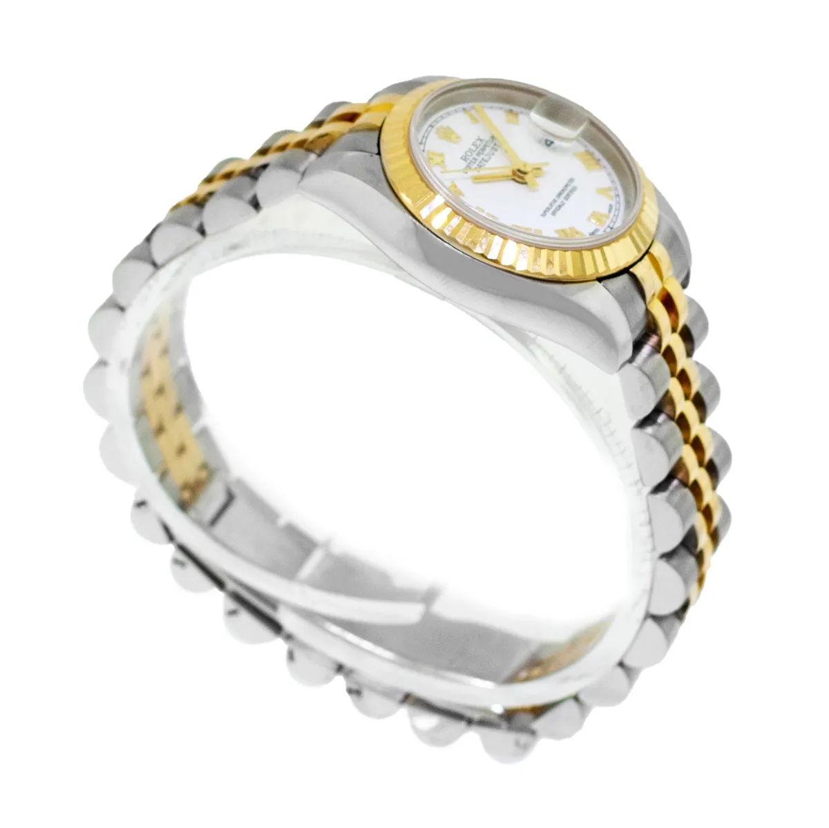Rolex Datejust 26mm Yellow Gold Steel White Roman Dial Fluted Bezel 179173