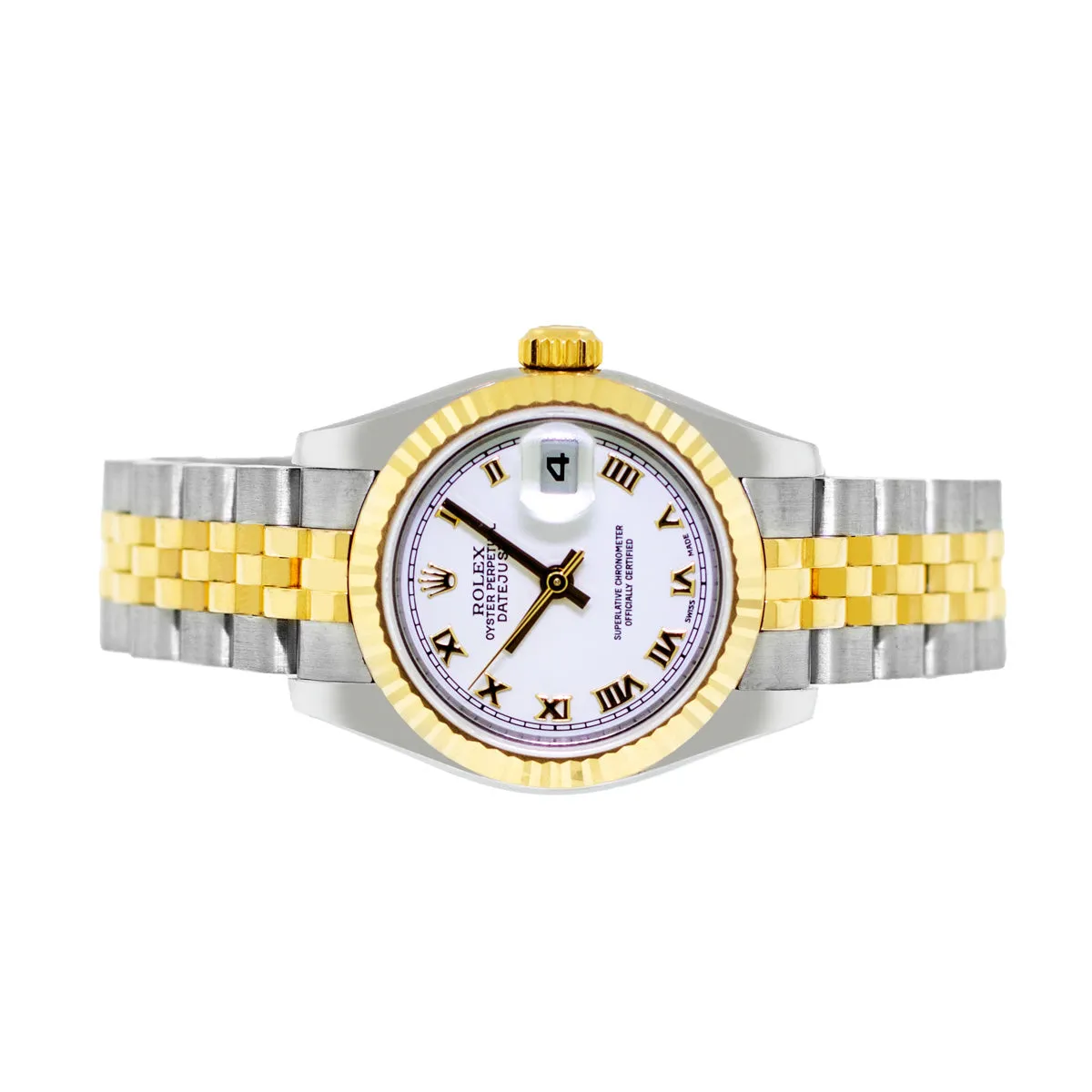 Rolex Datejust 26mm Yellow Gold Steel White Roman Dial Fluted Bezel 179173