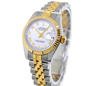 Rolex Datejust 26mm Yellow Gold Steel White Roman Dial Fluted Bezel 179173