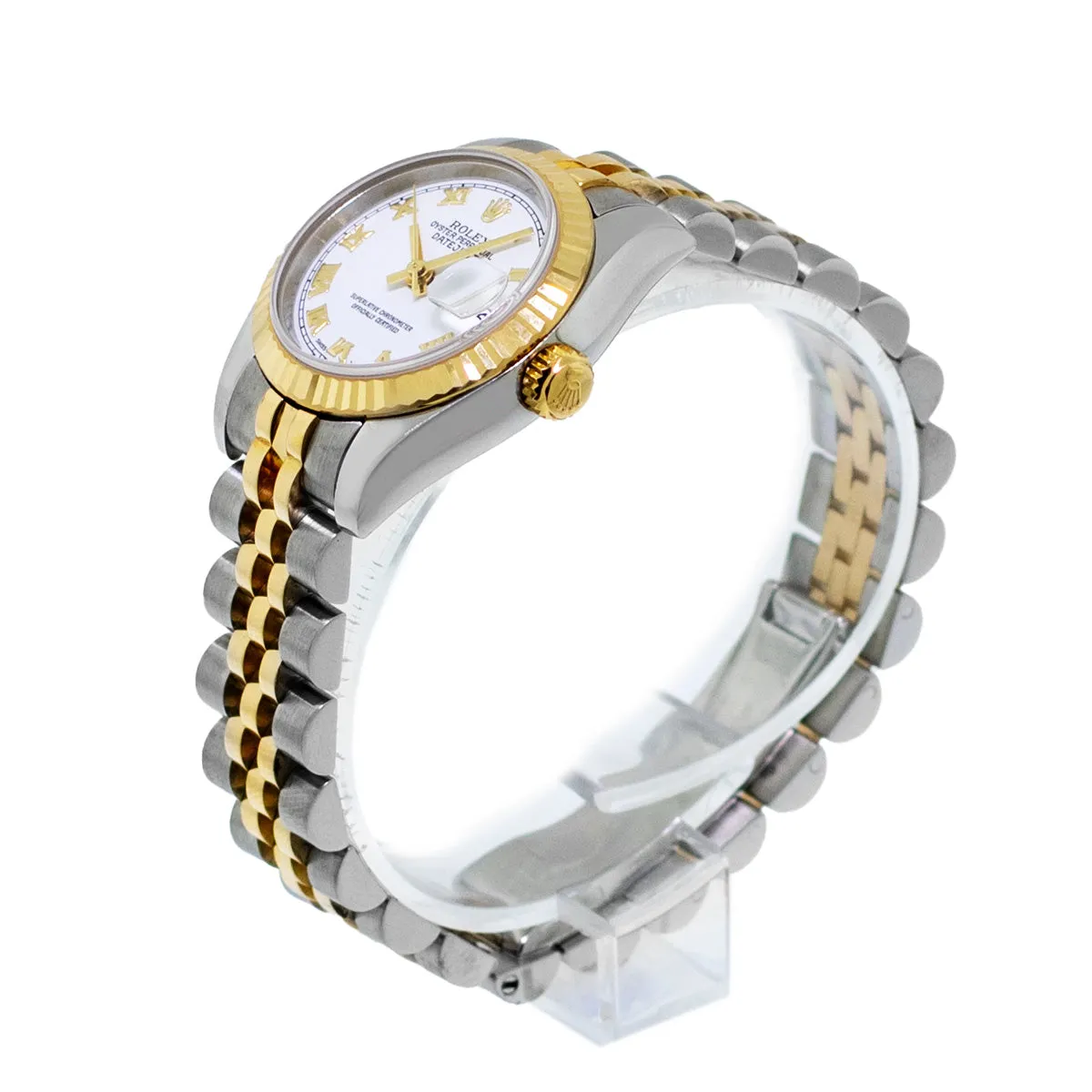 Rolex Datejust 26mm Yellow Gold Steel White Roman Dial Fluted Bezel 179173
