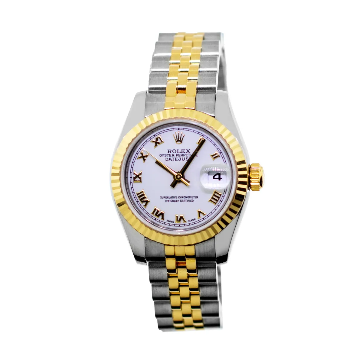 Rolex Datejust 26mm Yellow Gold Steel White Roman Dial Fluted Bezel 179173