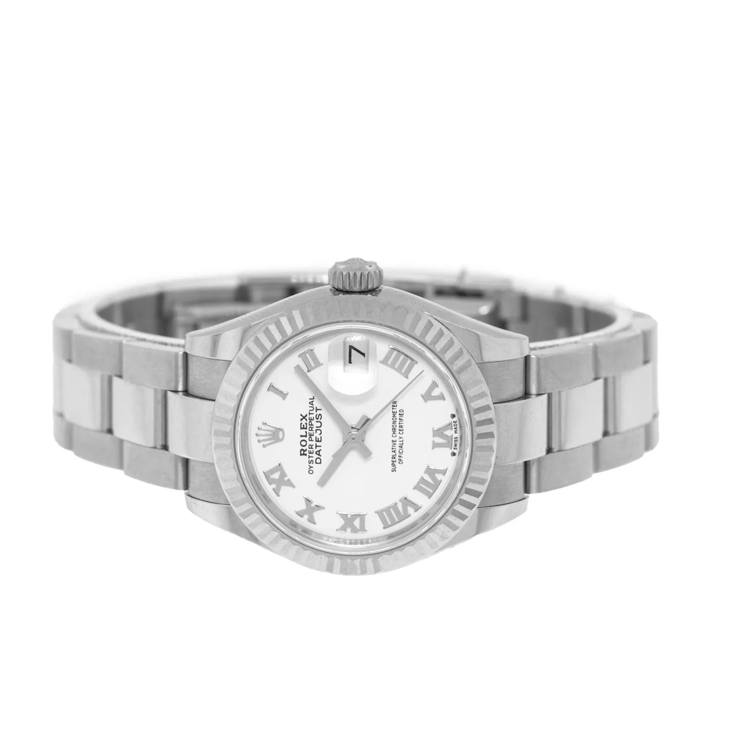 Rolex Datejust 28mm White Gold Steel White Roman Dial Fluted Bezel 279174