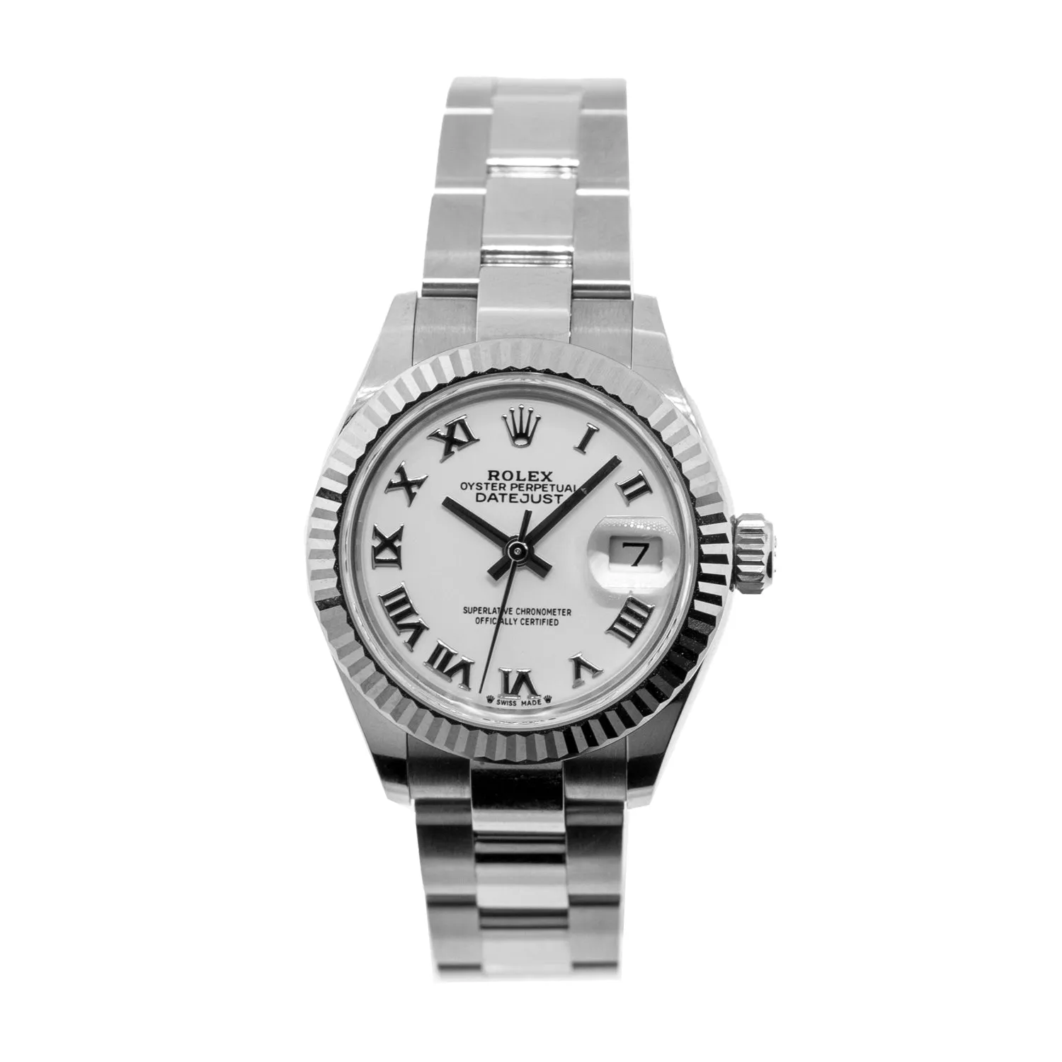 Rolex Datejust 28mm White Gold Steel White Roman Dial Fluted Bezel 279174