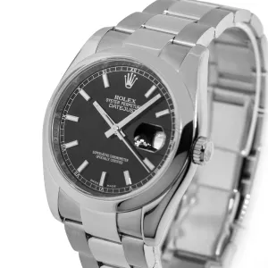 Rolex Datejust 36mm Stainless Steel Black Index Dial Smooth Bezel 116200