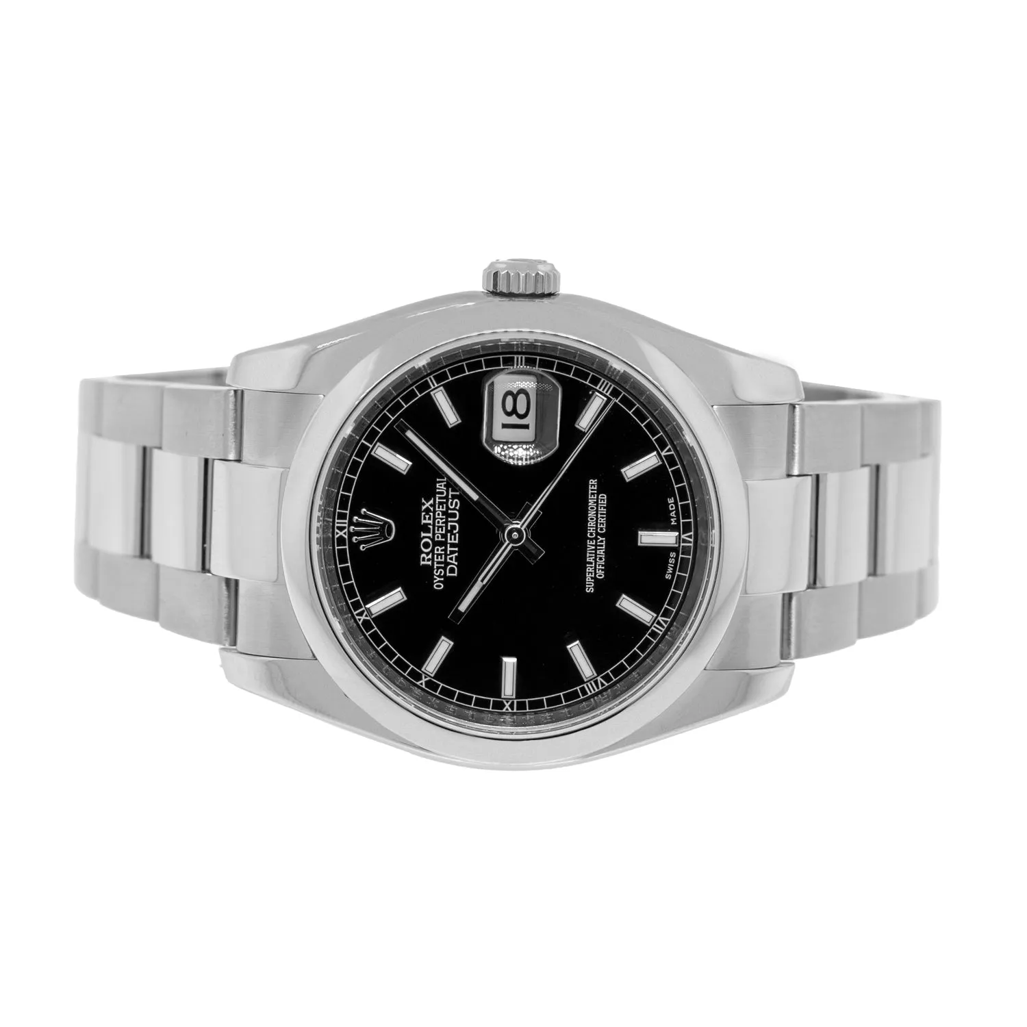 Rolex Datejust 36mm Stainless Steel Black Index Dial Smooth Bezel 116200