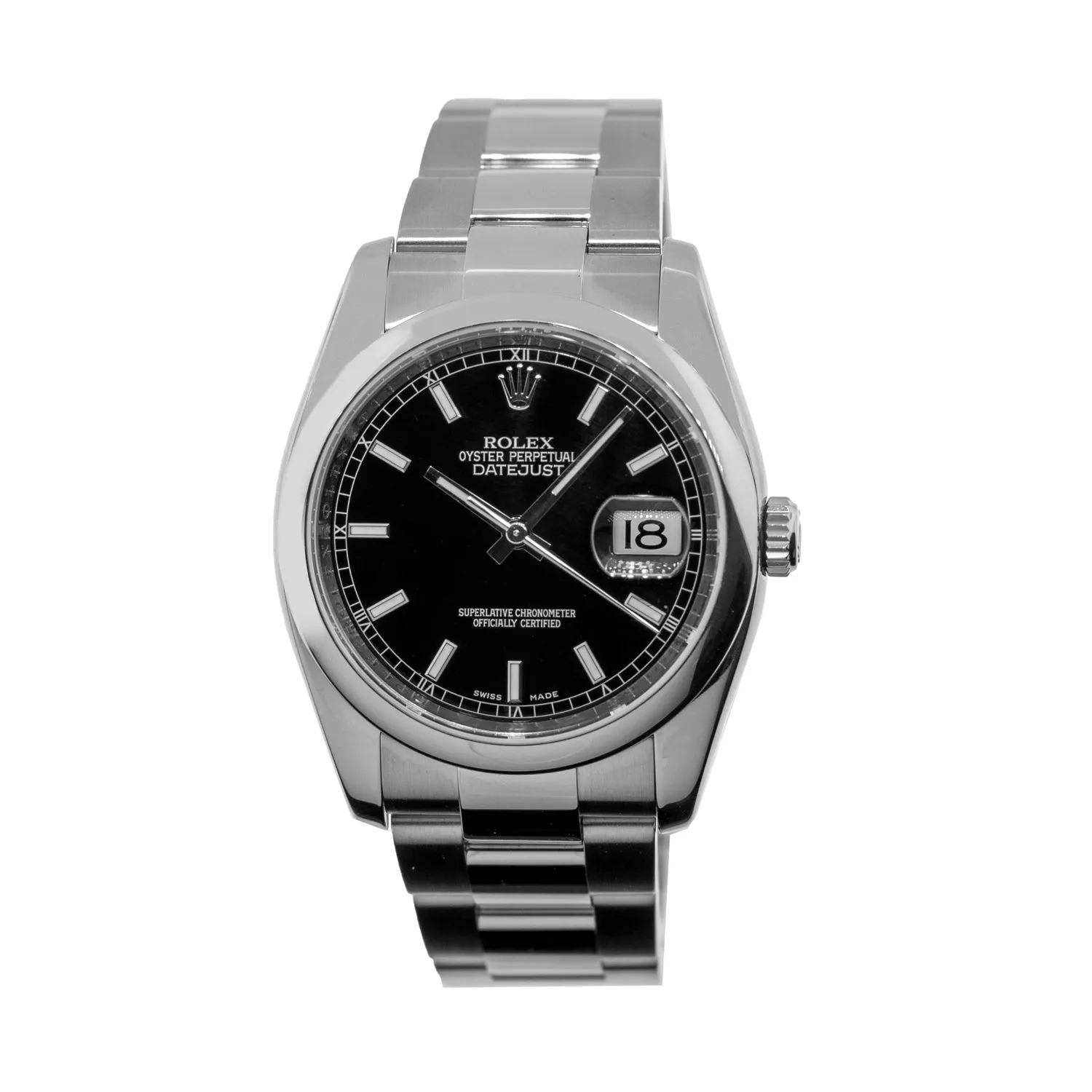 Rolex Datejust 36mm Stainless Steel Black Index Dial Smooth Bezel 116200
