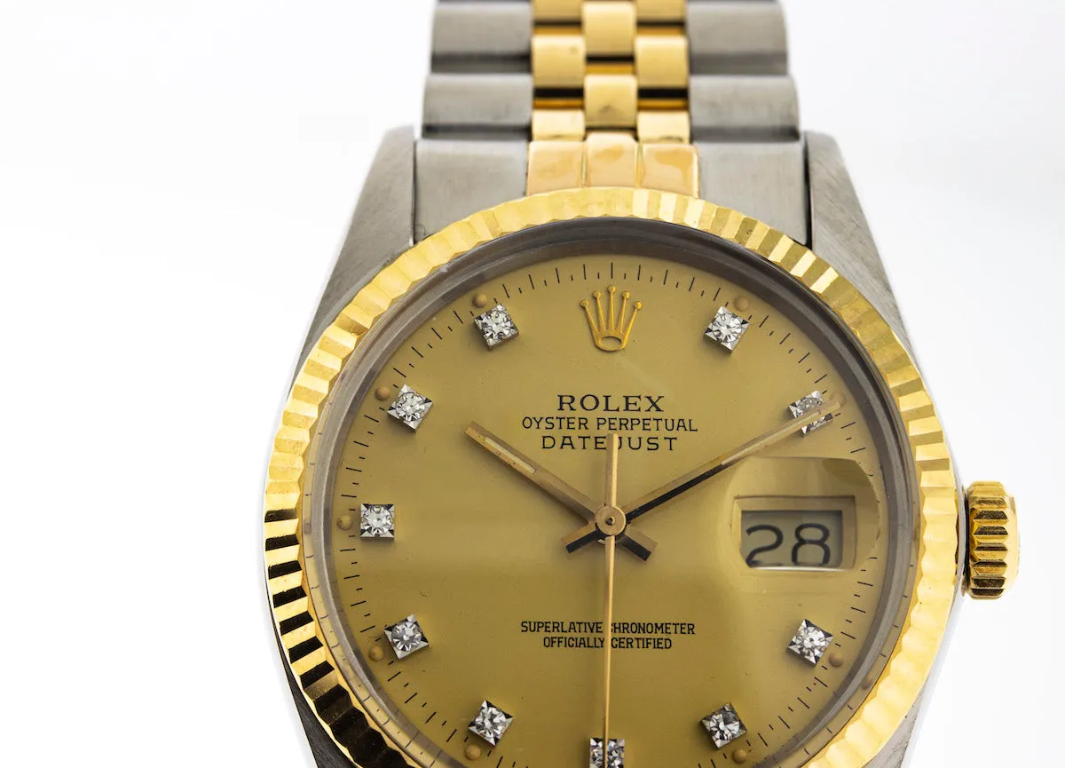 Rolex Datejust 36mm Yellow Gold & Steel Champagne Diamond Dial & Fluted Bezel 16013