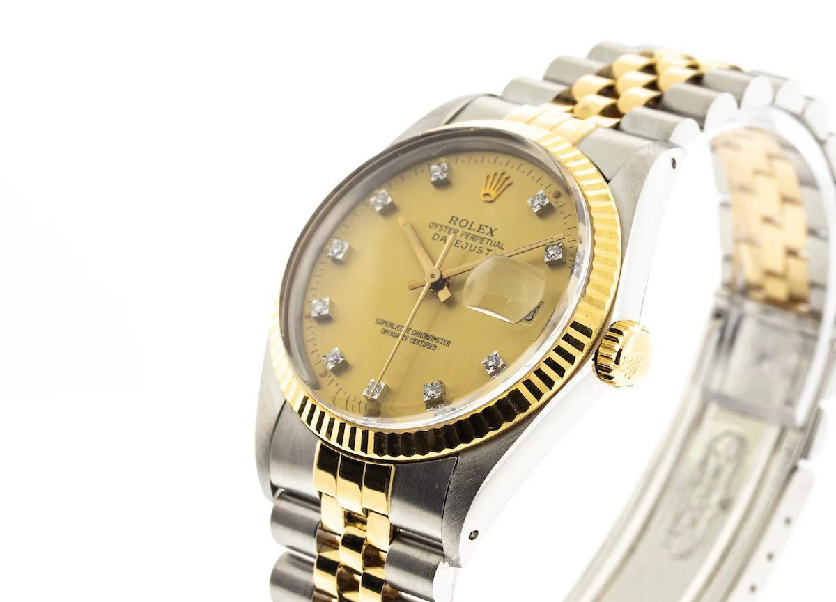 Rolex Datejust 36mm Yellow Gold & Steel Champagne Diamond Dial & Fluted Bezel 16013