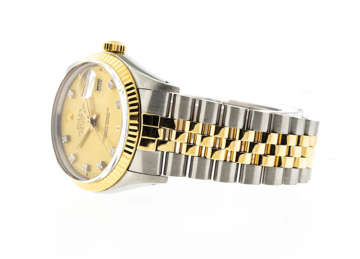 Rolex Datejust 36mm Yellow Gold & Steel Champagne Diamond Dial & Fluted Bezel 16013