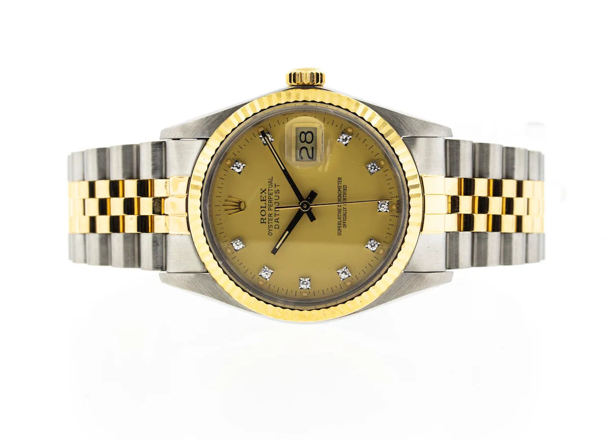 Rolex Datejust 36mm Yellow Gold & Steel Champagne Diamond Dial & Fluted Bezel 16013