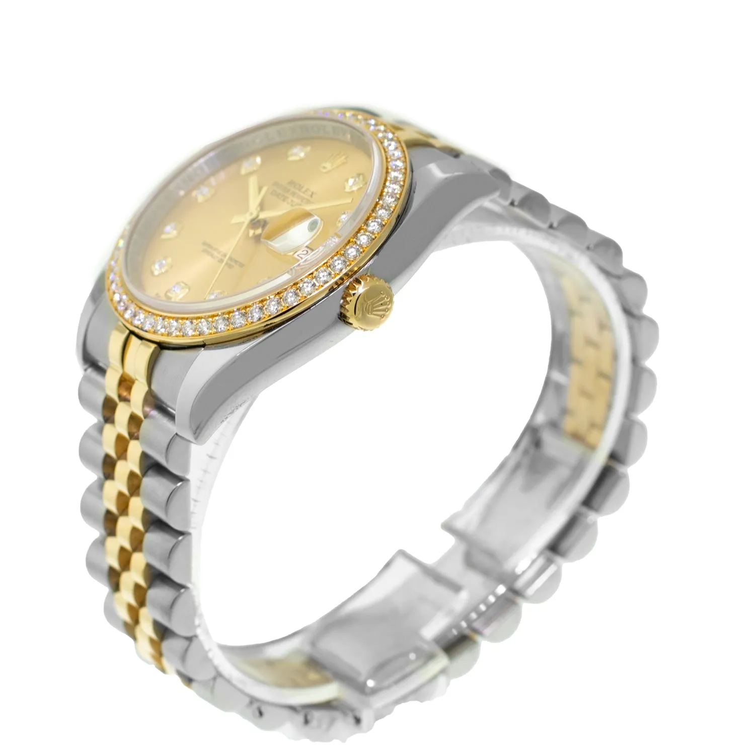 Rolex Datejust 36mm Yellow Gold & Steel Champagne Diamond Dial Diamond Bezel 116243