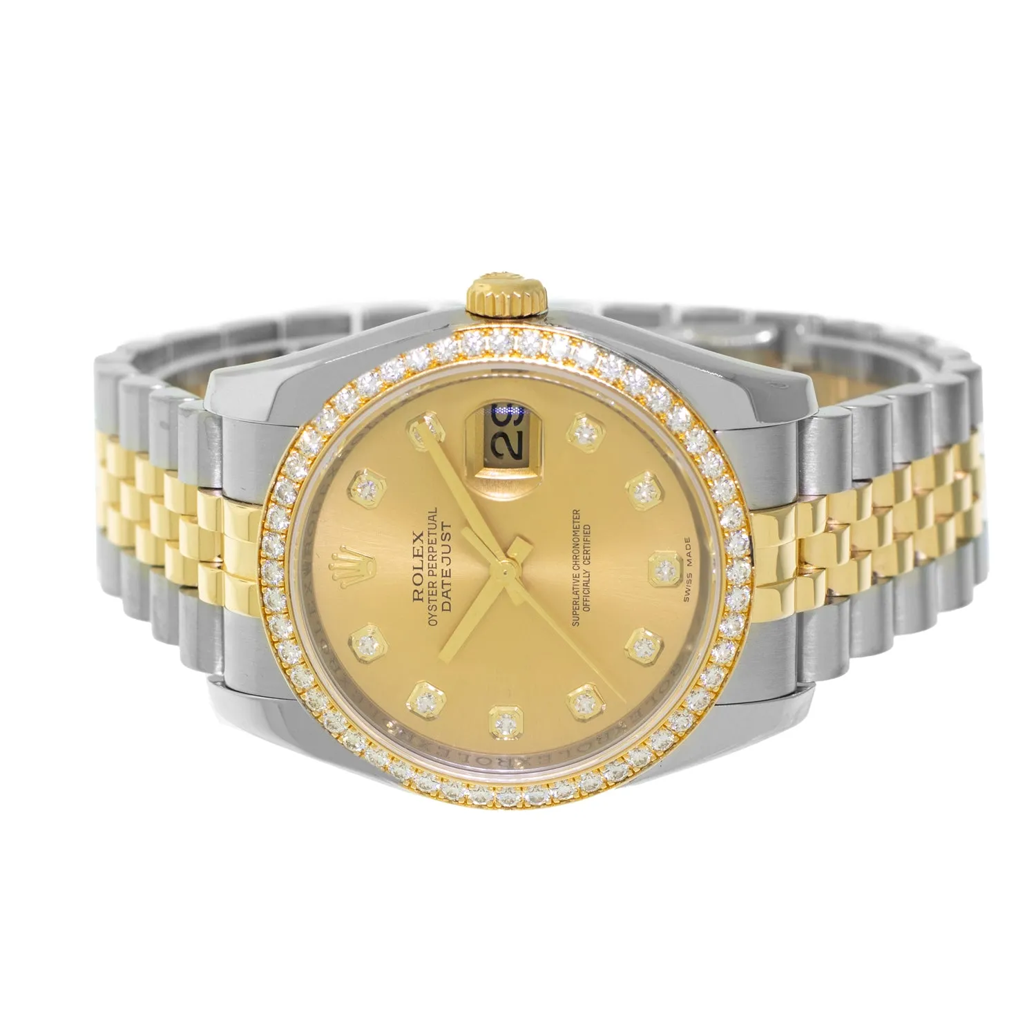 Rolex Datejust 36mm Yellow Gold & Steel Champagne Diamond Dial Diamond Bezel 116243