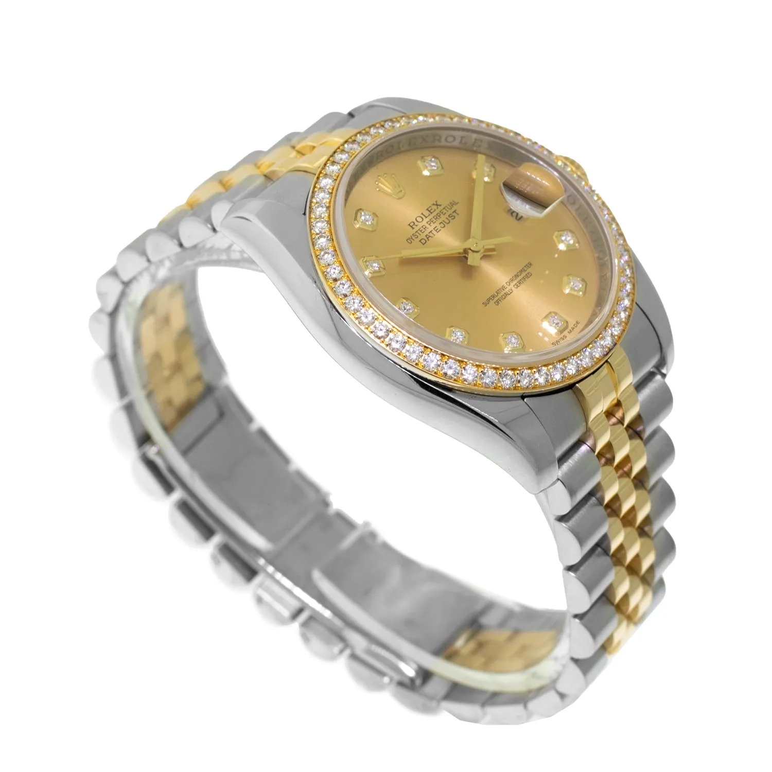 Rolex Datejust 36mm Yellow Gold & Steel Champagne Diamond Dial Diamond Bezel 116243
