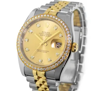 Rolex Datejust 36mm Yellow Gold & Steel Champagne Diamond Dial Diamond Bezel 116243