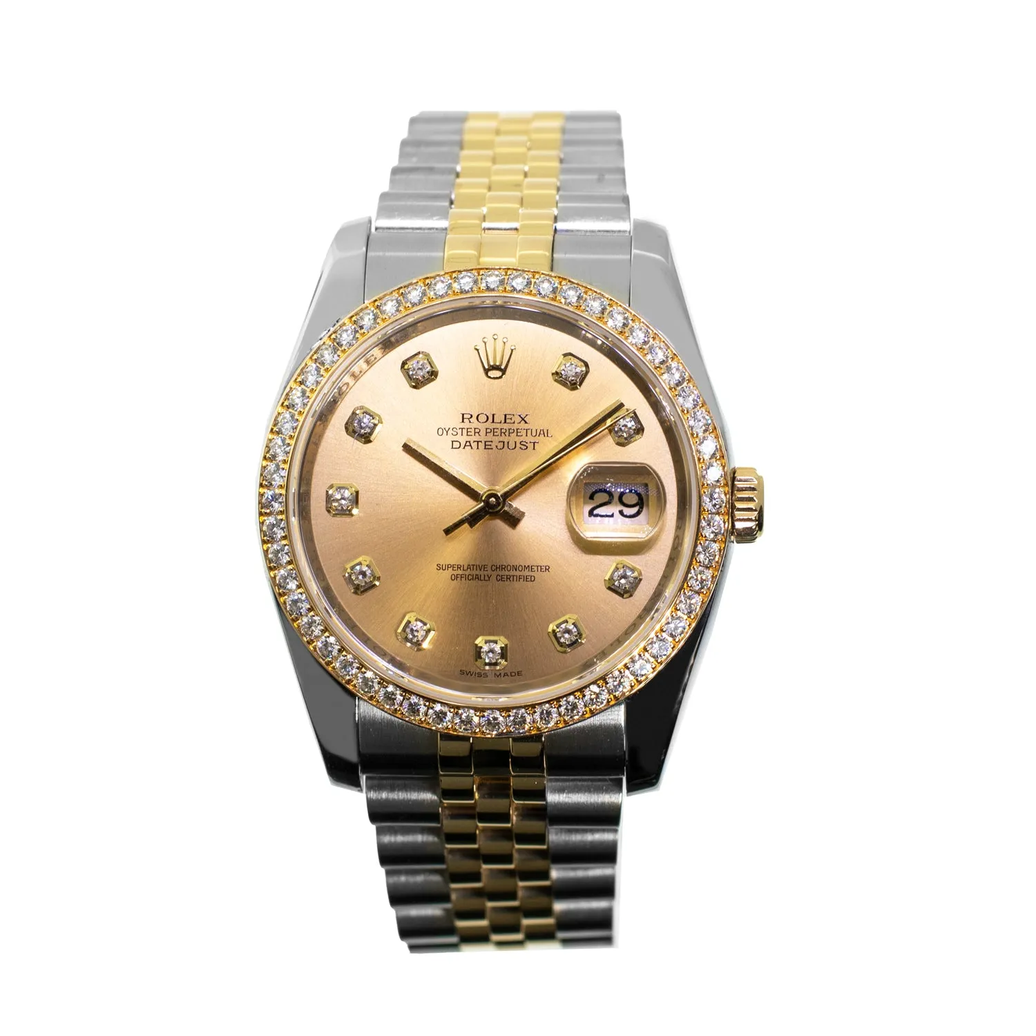 Rolex Datejust 36mm Yellow Gold & Steel Champagne Diamond Dial Diamond Bezel 116243