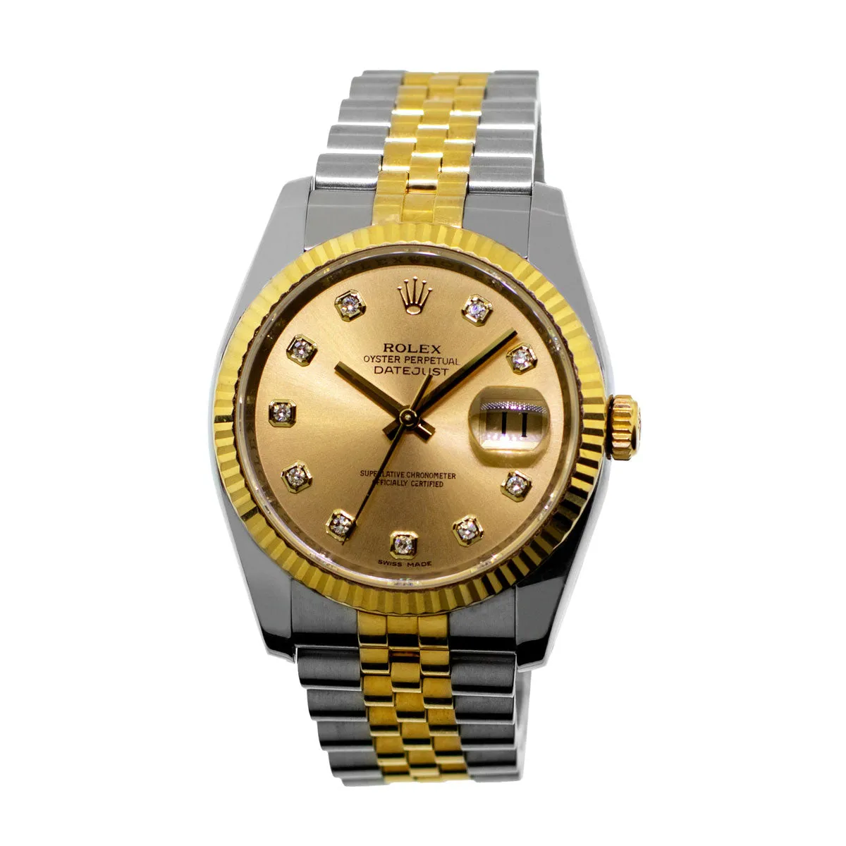 Rolex Datejust 36mm Yellow Gold & Steel Champagne Diamond Dial Fluted Bezel 116233