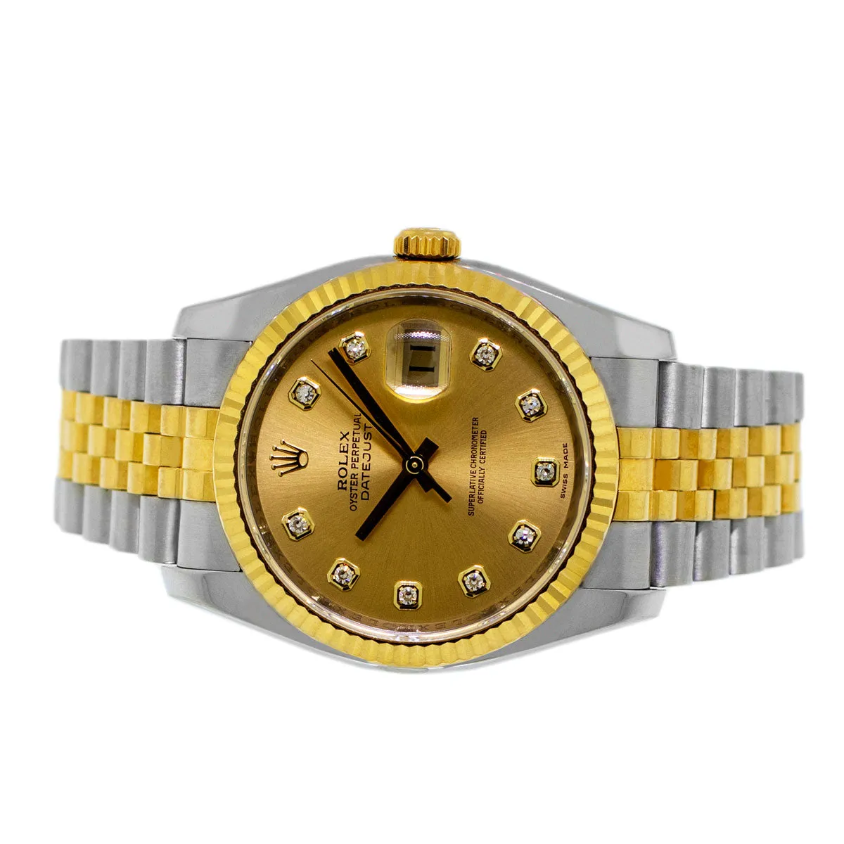 Rolex Datejust 36mm Yellow Gold & Steel Champagne Diamond Dial Fluted Bezel 116233