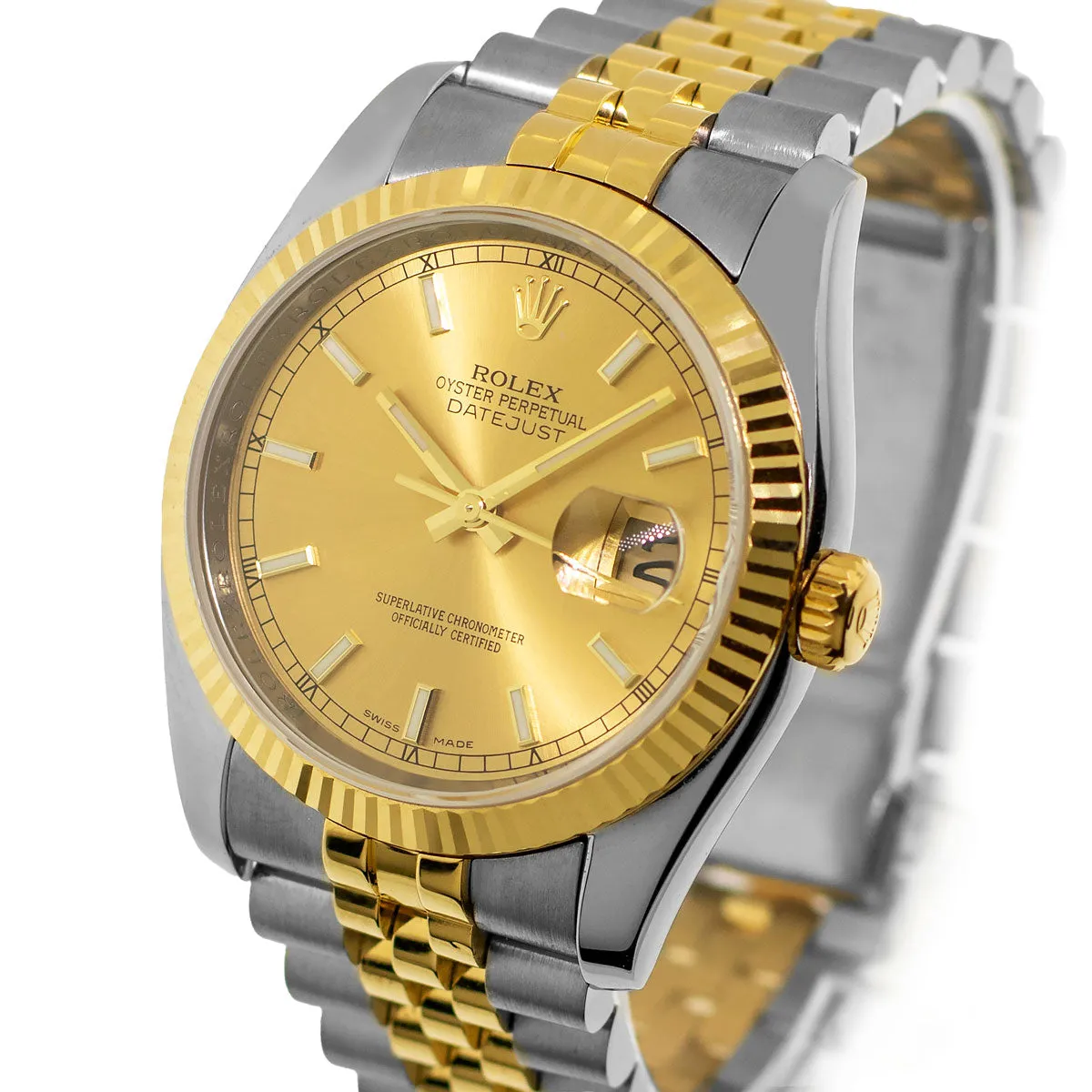 Rolex Datejust 36mm Yellow Gold & Steel Champagne Index Dial Fluted Bezel 116233
