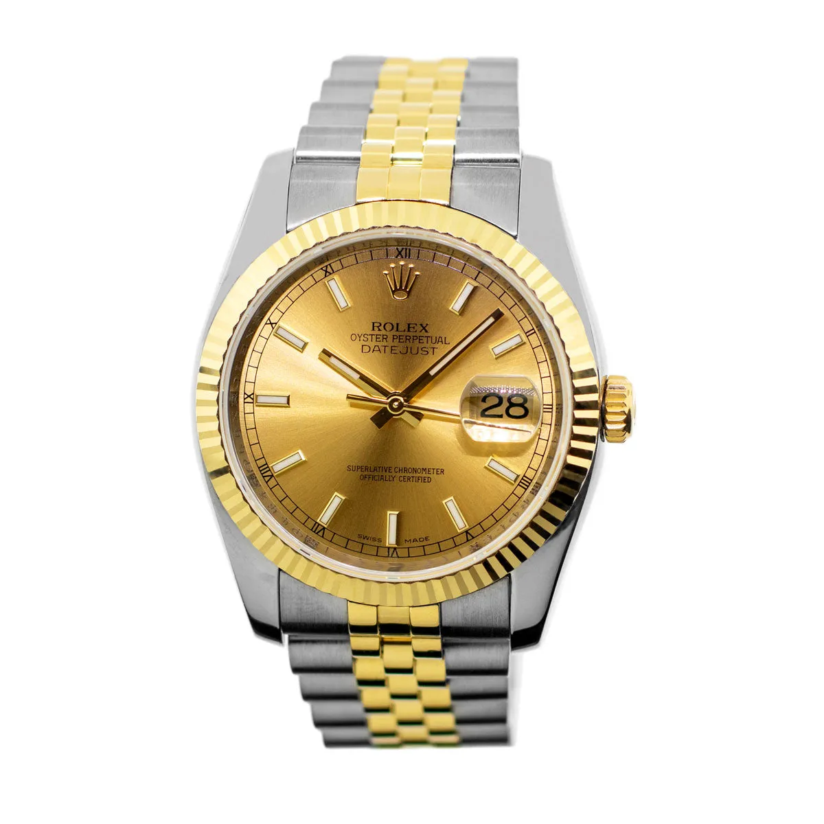 Rolex Datejust 36mm Yellow Gold & Steel Champagne Index Dial Fluted Bezel 116233