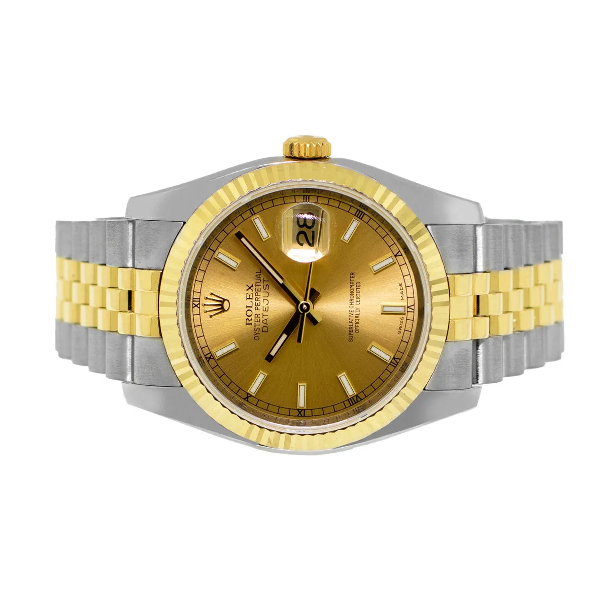 Rolex Datejust 36mm Yellow Gold & Steel Champagne Index Dial Fluted Bezel 116233