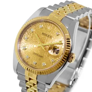 Rolex Datejust 36mm Yellow Gold & Steel Champagne Jubilee Diamond Dial Fluted Bezel 116233