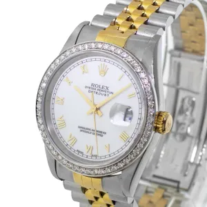 Rolex Datejust 36mm Yellow Gold & Steel White Roman Dial & Diamond Bezel 16233