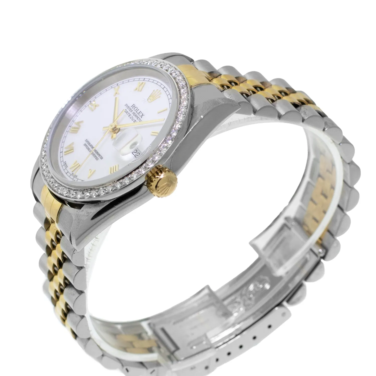 Rolex Datejust 36mm Yellow Gold & Steel White Roman Dial & Diamond Bezel 16233
