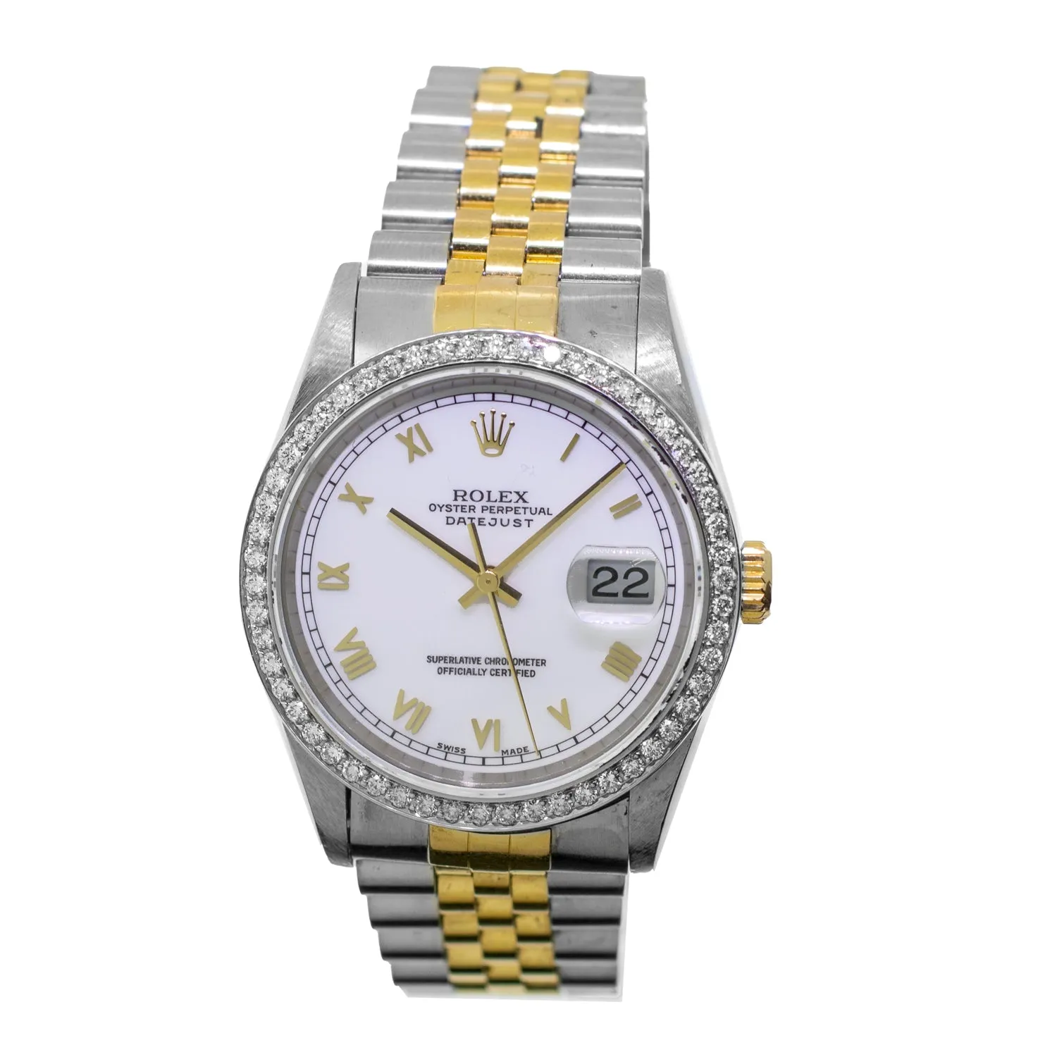 Rolex Datejust 36mm Yellow Gold & Steel White Roman Dial & Diamond Bezel 16233