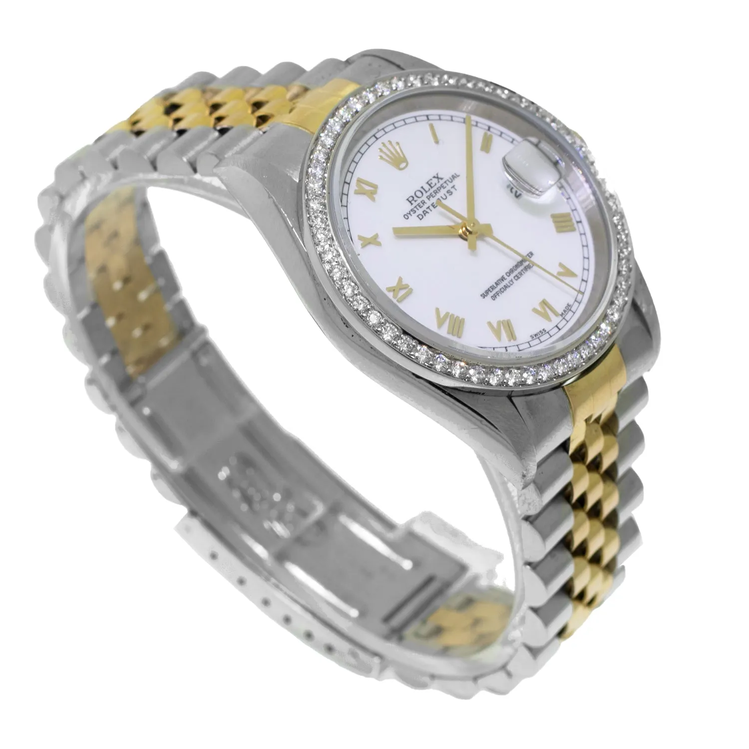 Rolex Datejust 36mm Yellow Gold & Steel White Roman Dial & Diamond Bezel 16233