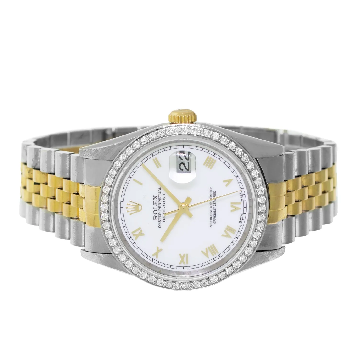 Rolex Datejust 36mm Yellow Gold & Steel White Roman Dial & Diamond Bezel 16233