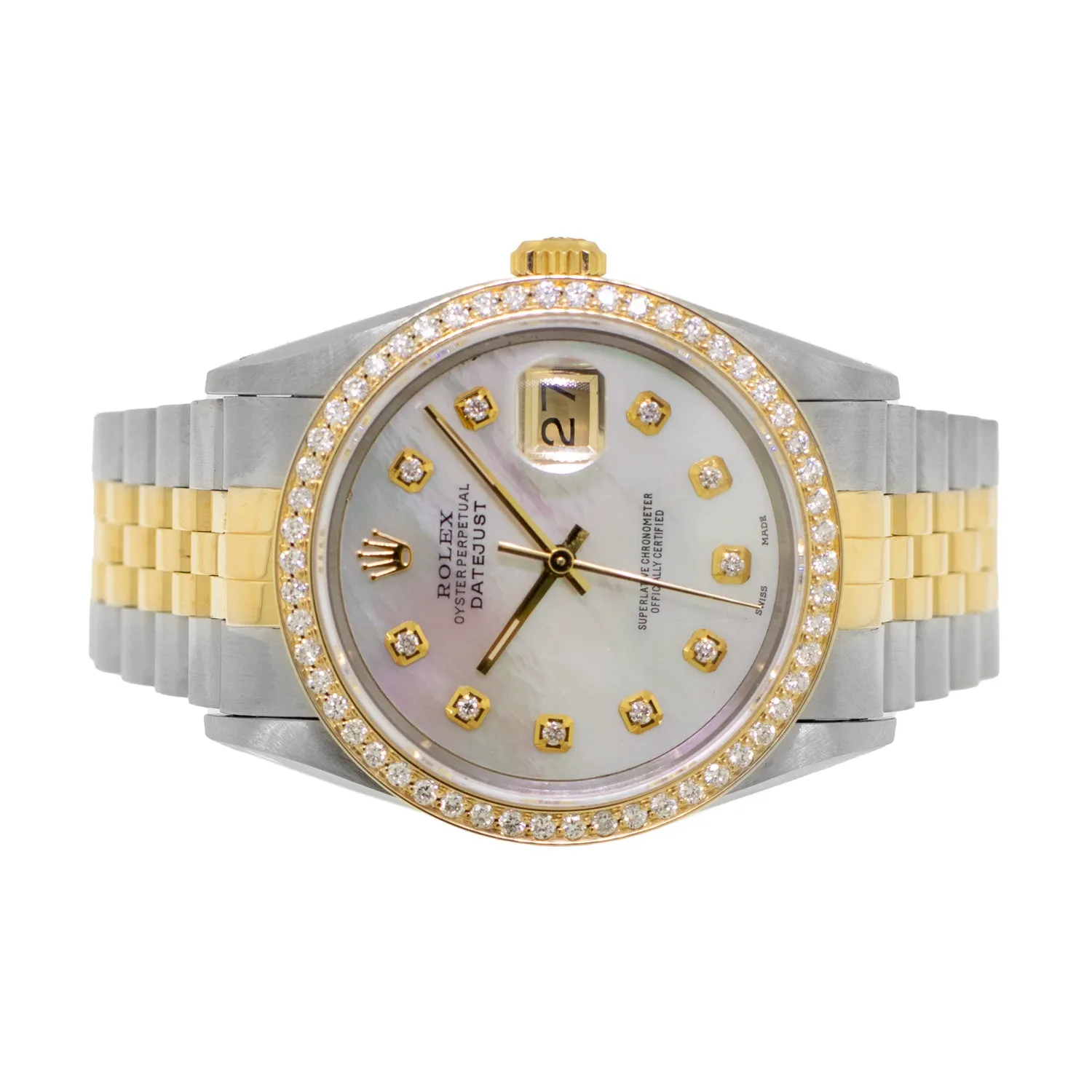 Rolex Datejust 36mm Yellow Gold Steel Mother of Pearl Diamond Dial, Diamond Bezel 16233