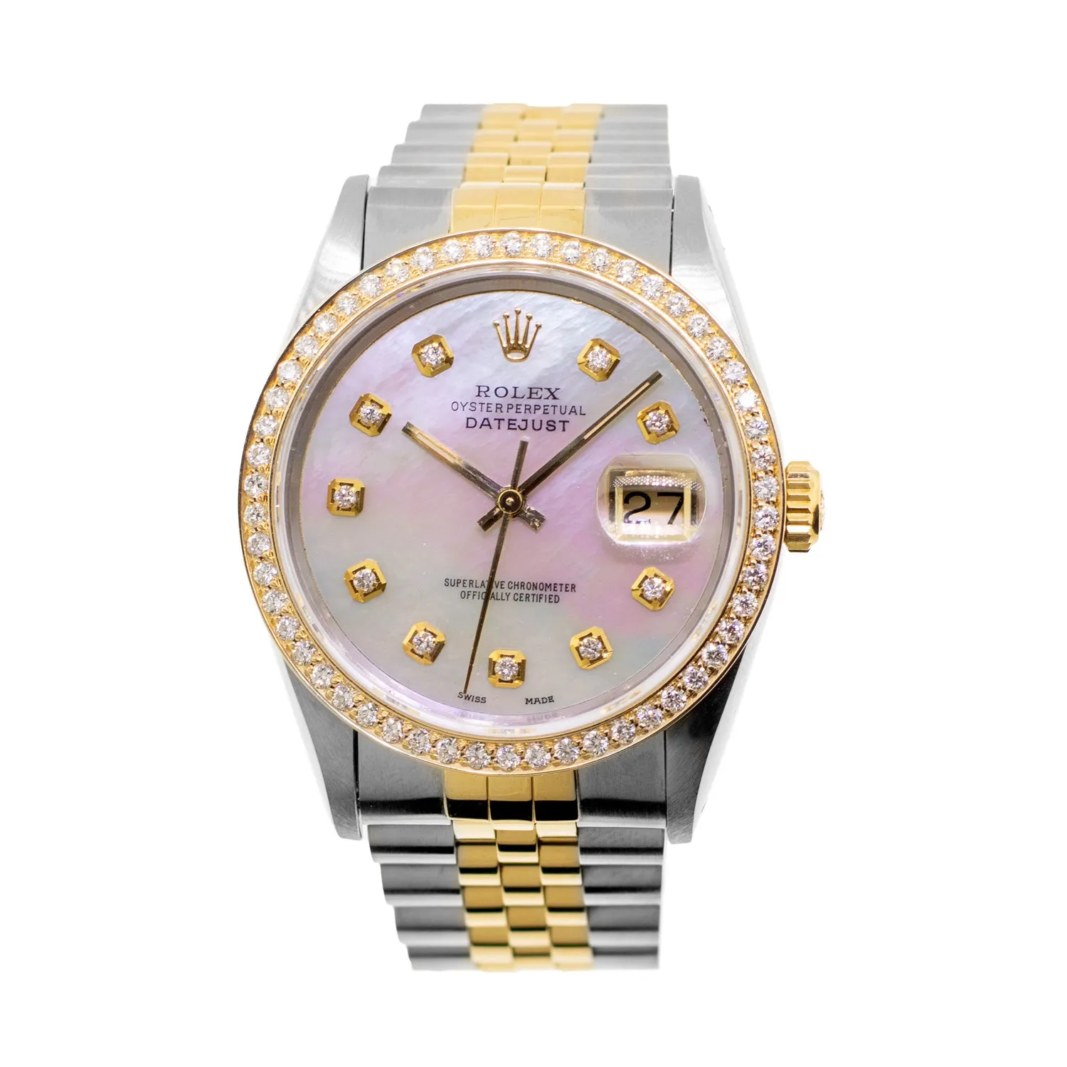 Rolex Datejust 36mm Yellow Gold Steel Mother of Pearl Diamond Dial, Diamond Bezel 16233
