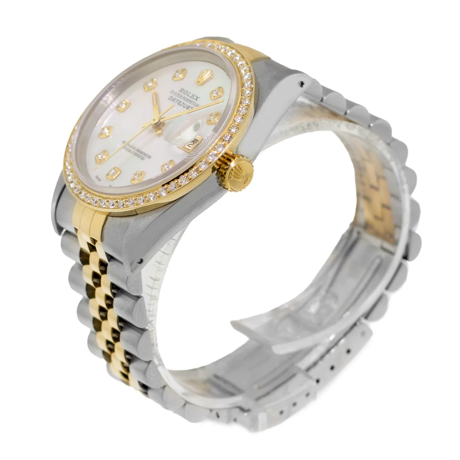 Rolex Datejust 36mm Yellow Gold Steel Mother of Pearl Diamond Dial, Diamond Bezel 16233