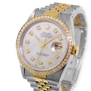 Rolex Datejust 36mm Yellow Gold Steel Mother of Pearl Diamond Dial, Diamond Bezel 16233