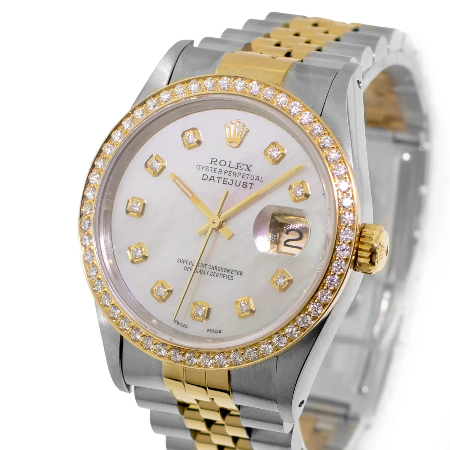 Rolex Datejust 36mm Yellow Gold Steel Mother of Pearl Diamond Dial, Diamond Bezel 16233
