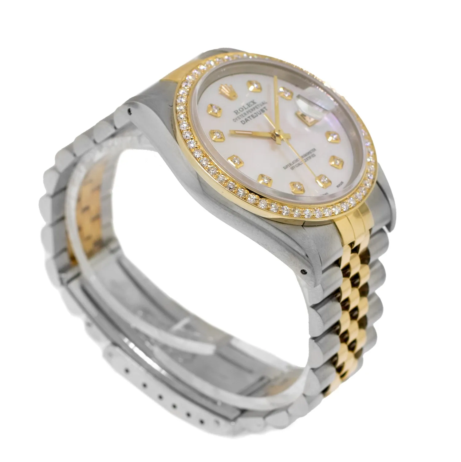 Rolex Datejust 36mm Yellow Gold Steel Mother of Pearl Diamond Dial, Diamond Bezel 16233