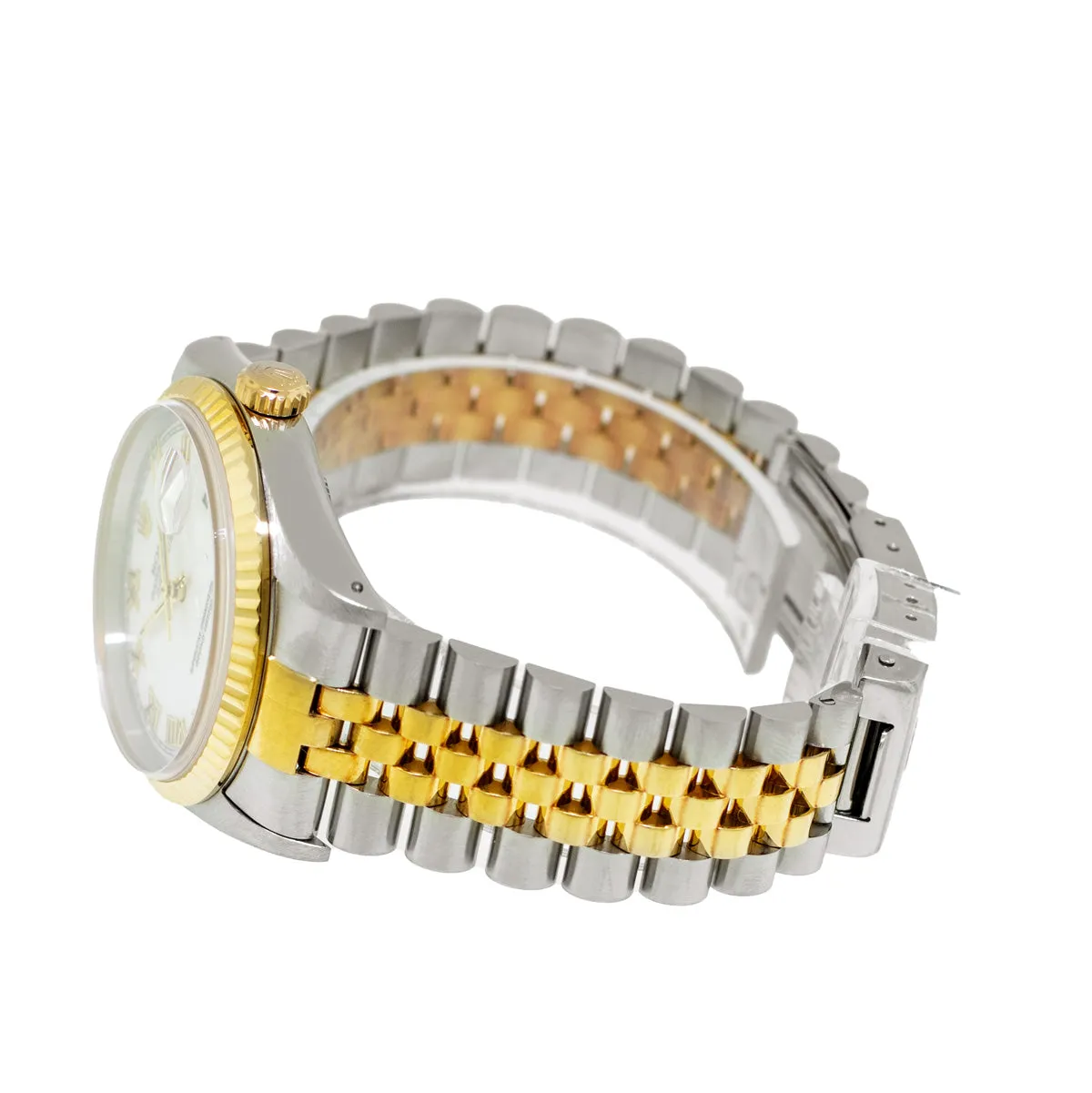 Rolex Datejust 36mm Yellow Gold Steel White Roman Dial Fluted Bezel 16233