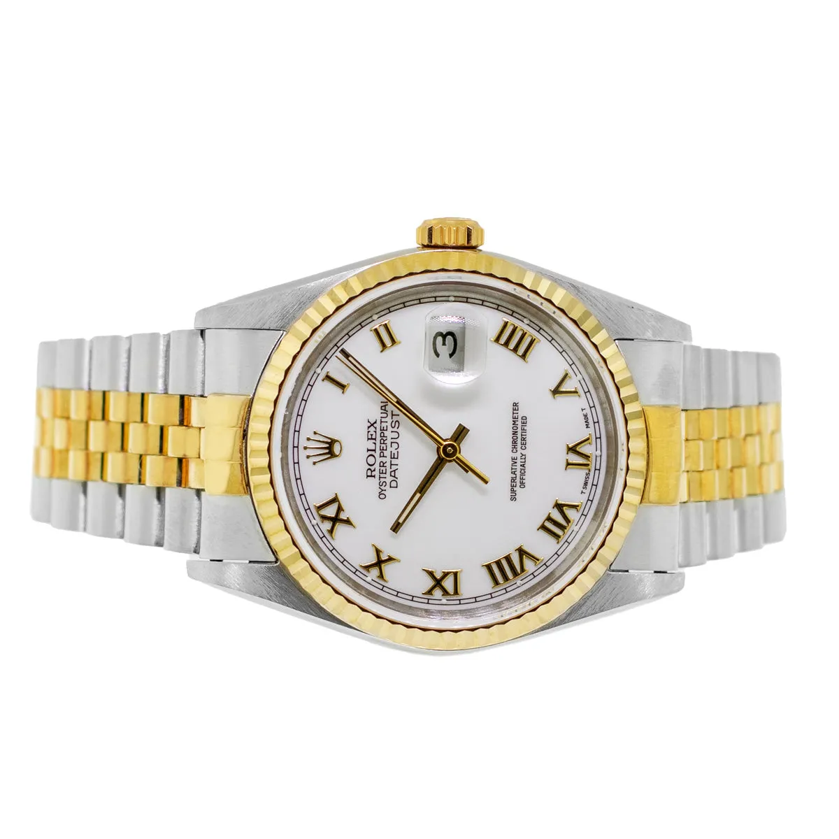 Rolex Datejust 36mm Yellow Gold Steel White Roman Dial Fluted Bezel 16233