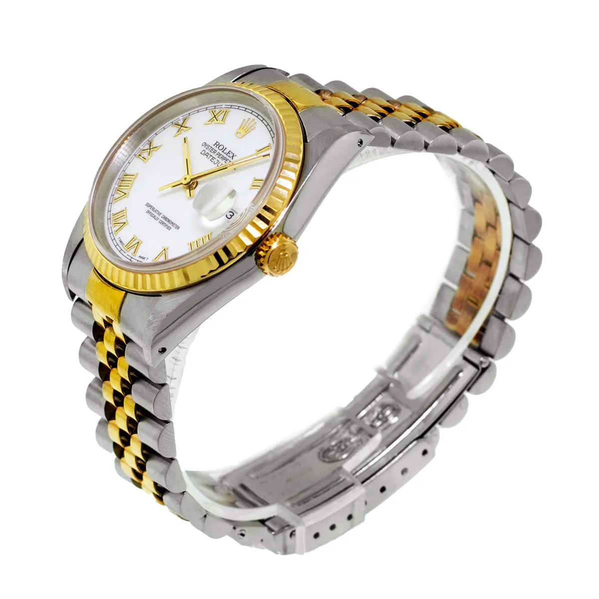 Rolex Datejust 36mm Yellow Gold Steel White Roman Dial Fluted Bezel 16233