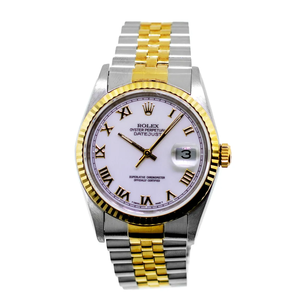 Rolex Datejust 36mm Yellow Gold Steel White Roman Dial Fluted Bezel 16233