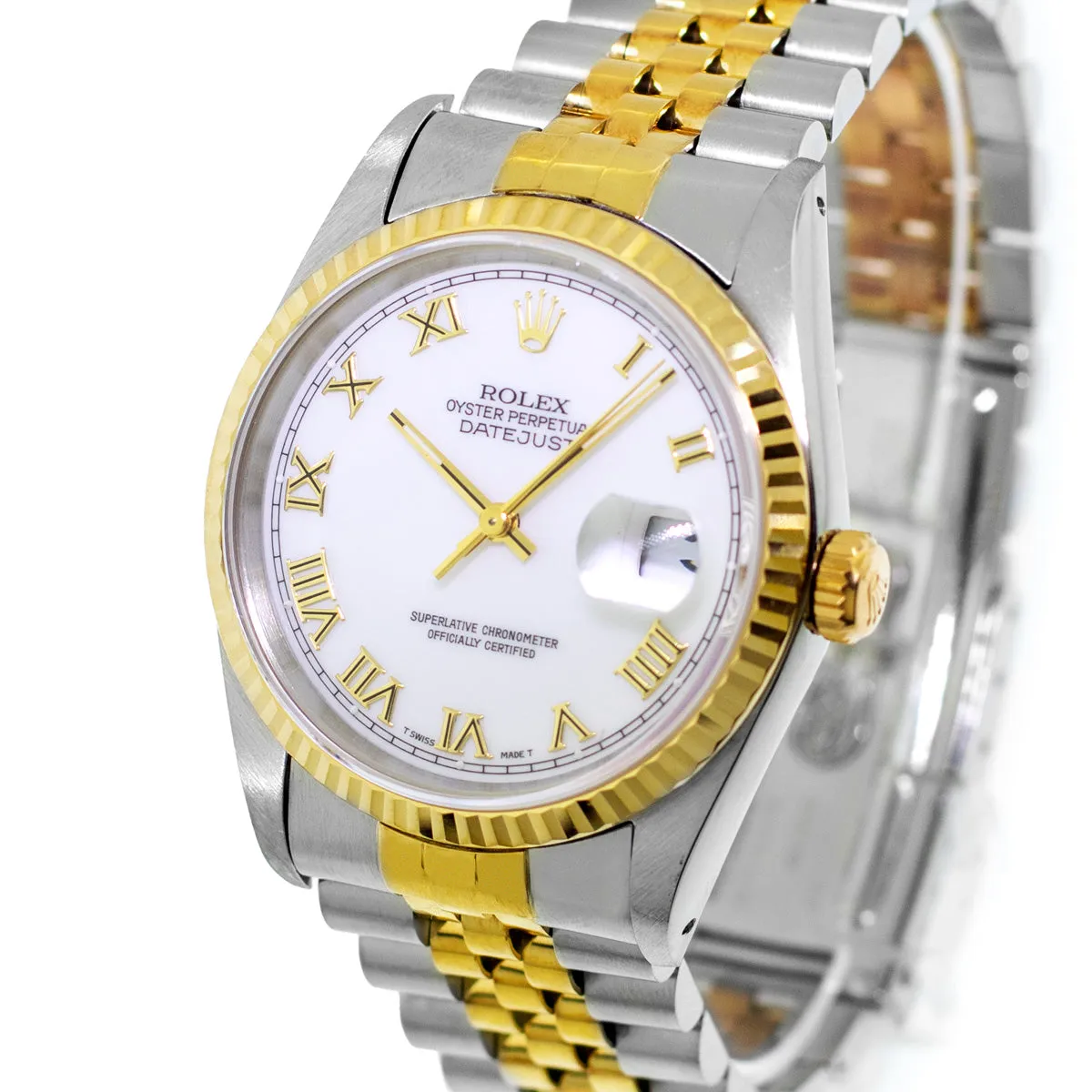 Rolex Datejust 36mm Yellow Gold Steel White Roman Dial Fluted Bezel 16233
