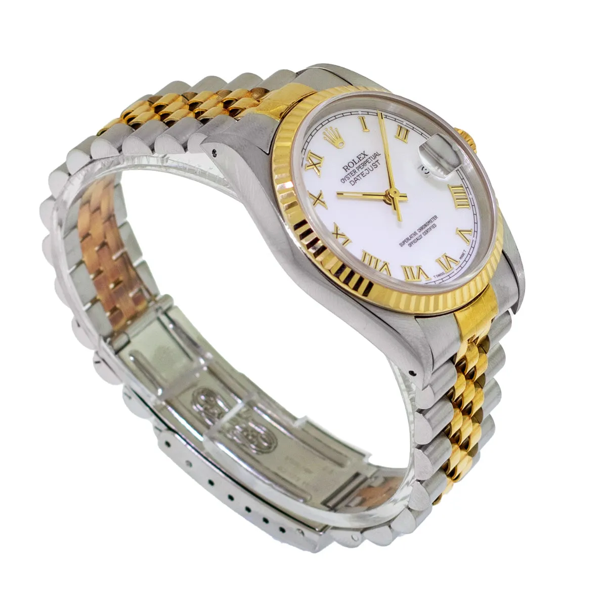 Rolex Datejust 36mm Yellow Gold Steel White Roman Dial Fluted Bezel 16233