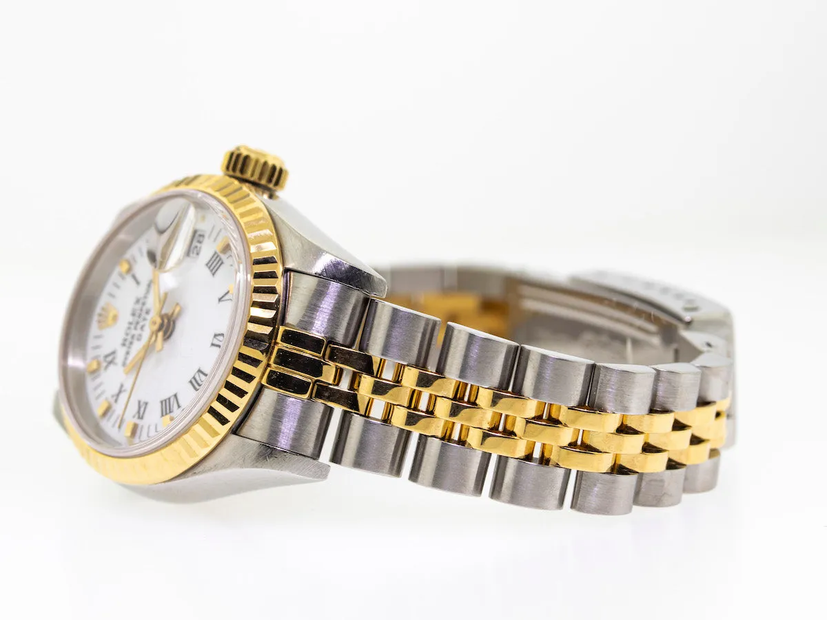 Rolex Lady-Datejust 26mm Yellow Gold & Steel White Roman Dial Fluted Bezel 69173