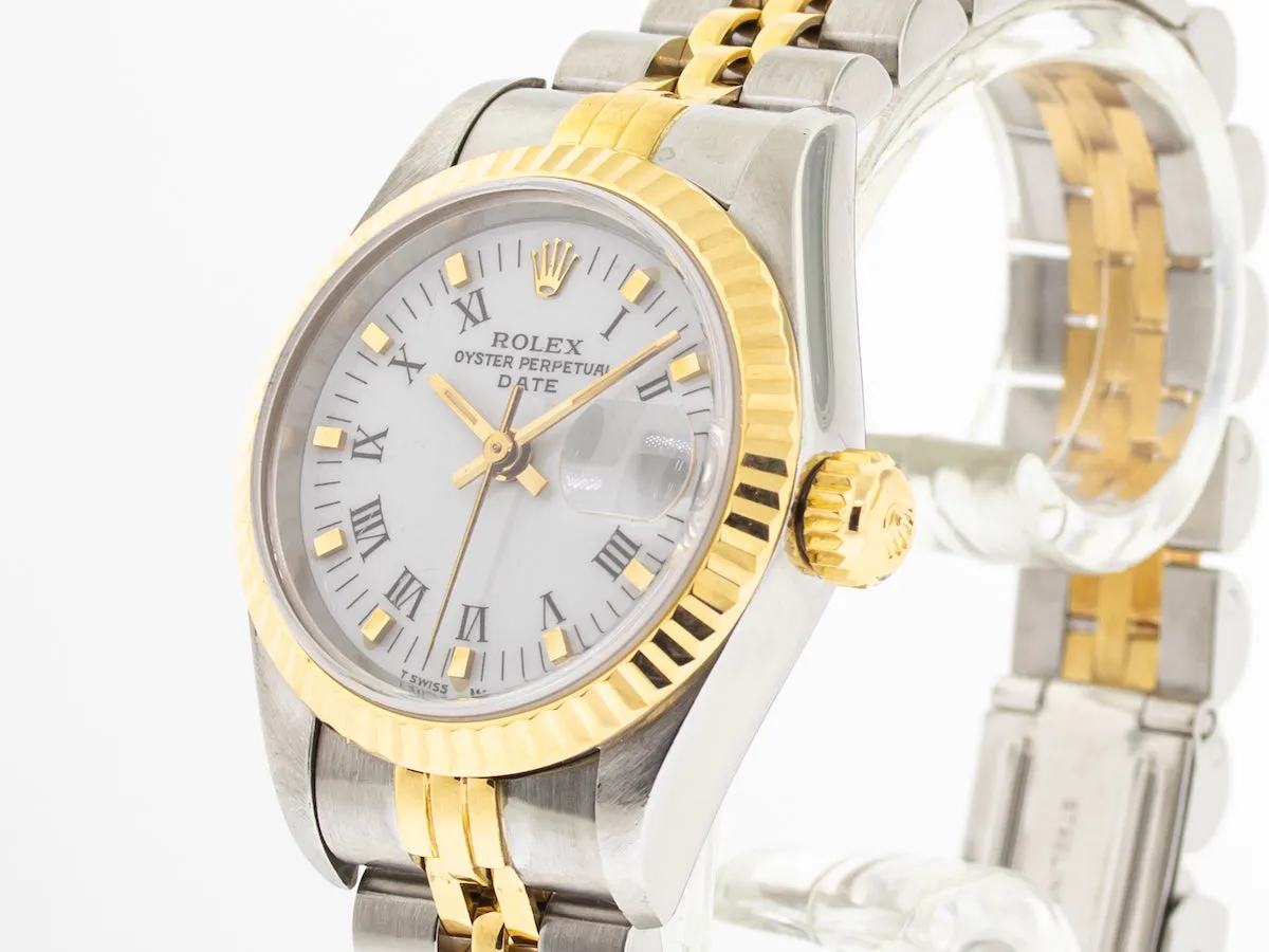Rolex Lady-Datejust 26mm Yellow Gold & Steel White Roman Dial Fluted Bezel 69173