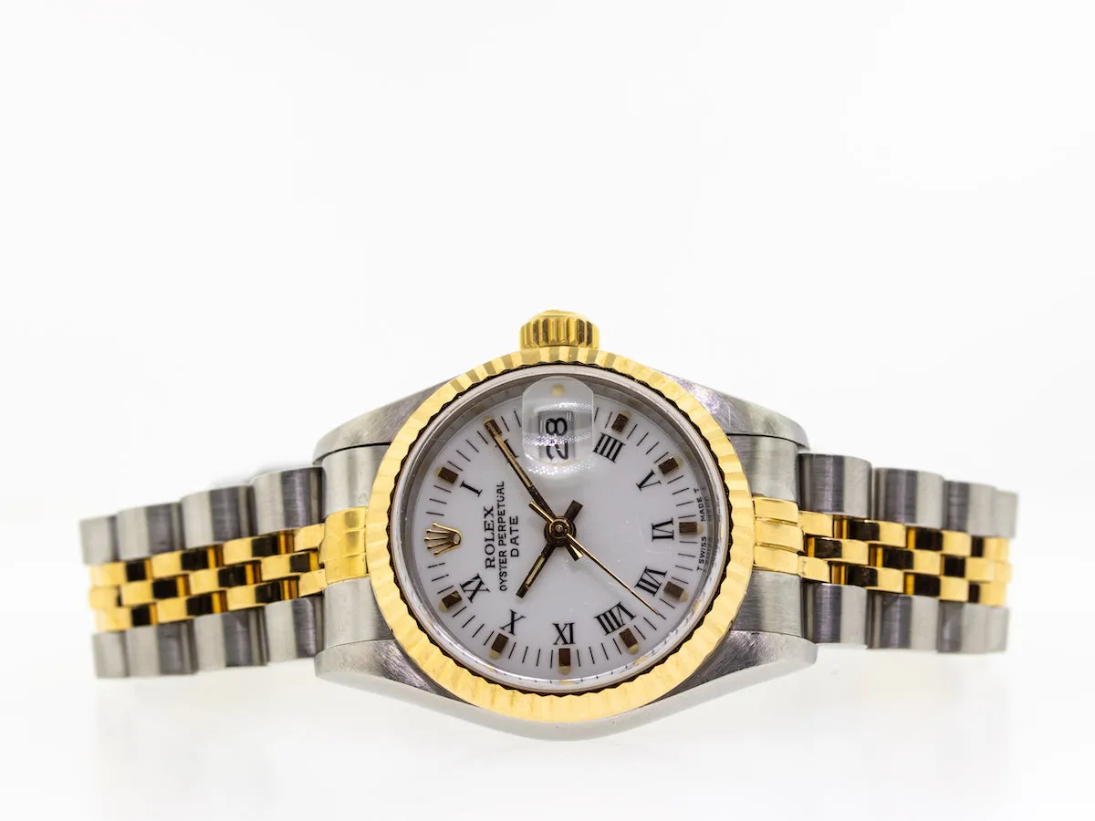 Rolex Lady-Datejust 26mm Yellow Gold & Steel White Roman Dial Fluted Bezel 69173