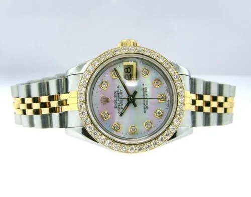Rolex Lady-Datejust 26mm Yellow Gold Steel White MOP Diamond Dial & Bezel 69173